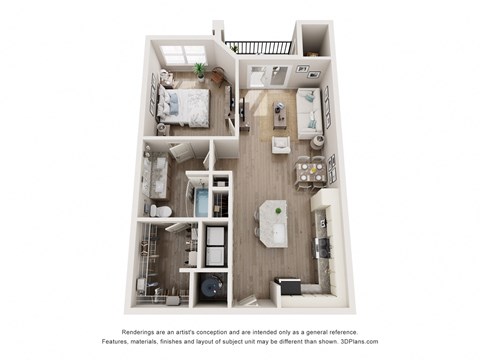 Floor plan for 1 bed, 1 bath, 722 sqft